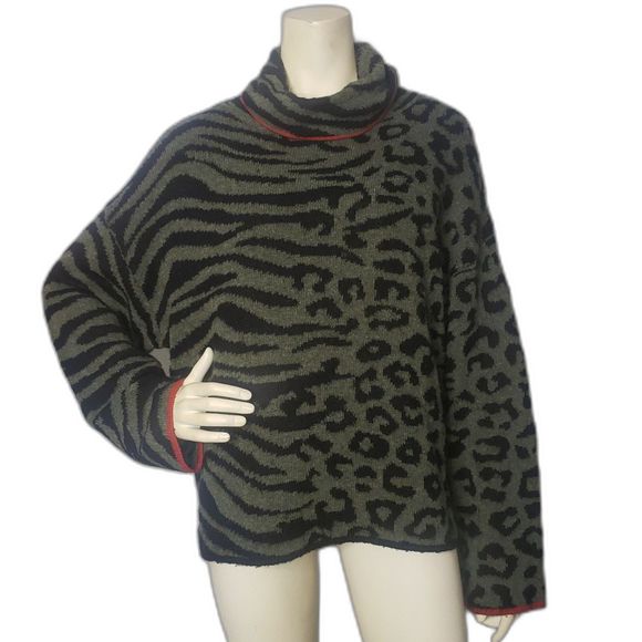 Harper & Liv Sweaters - HARPER & LIV Olive Green Animal Print Cowl Neck Sweater Size Medium
